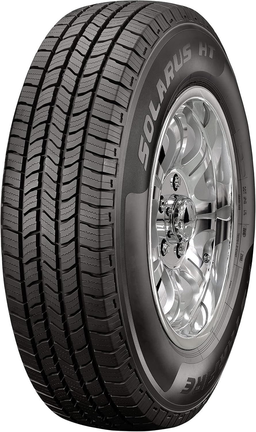 Starfire Solarus HT tire on a polished chrome wheel, five-rib highway tread with dense siping and SOLARUS HT sidewall lettering